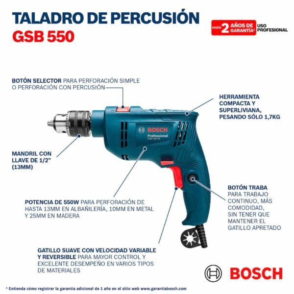 Taladro Percutor Bosch GSB 550 RE 550w + Maletín-991018079-Imagen 8
